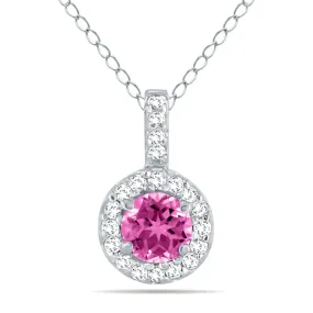 1/2 Carat Tw Halo Pink Topaz And Diamond Pendant In 10K White Gold