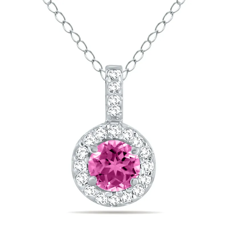 1/2 Carat Tw Halo Pink Topaz And Diamond Pendant In 10K White Gold