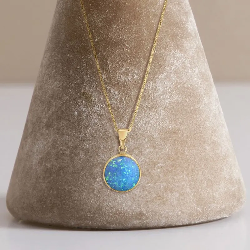 14K Yellow Gold Round Blue Opal 12mm Pendant