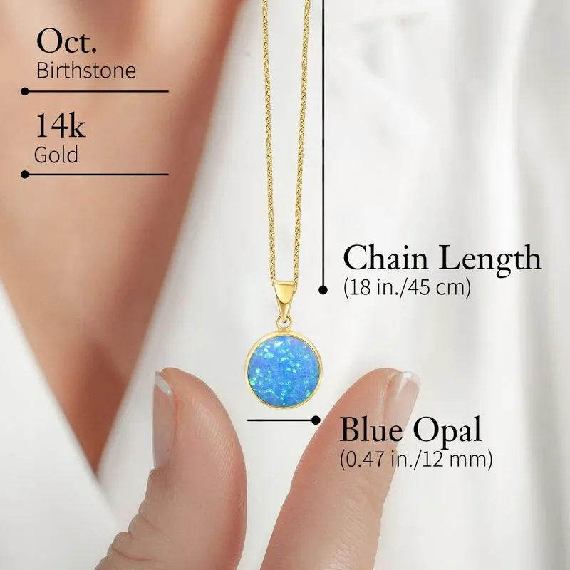 14K Yellow Gold Round Blue Opal 12mm Pendant