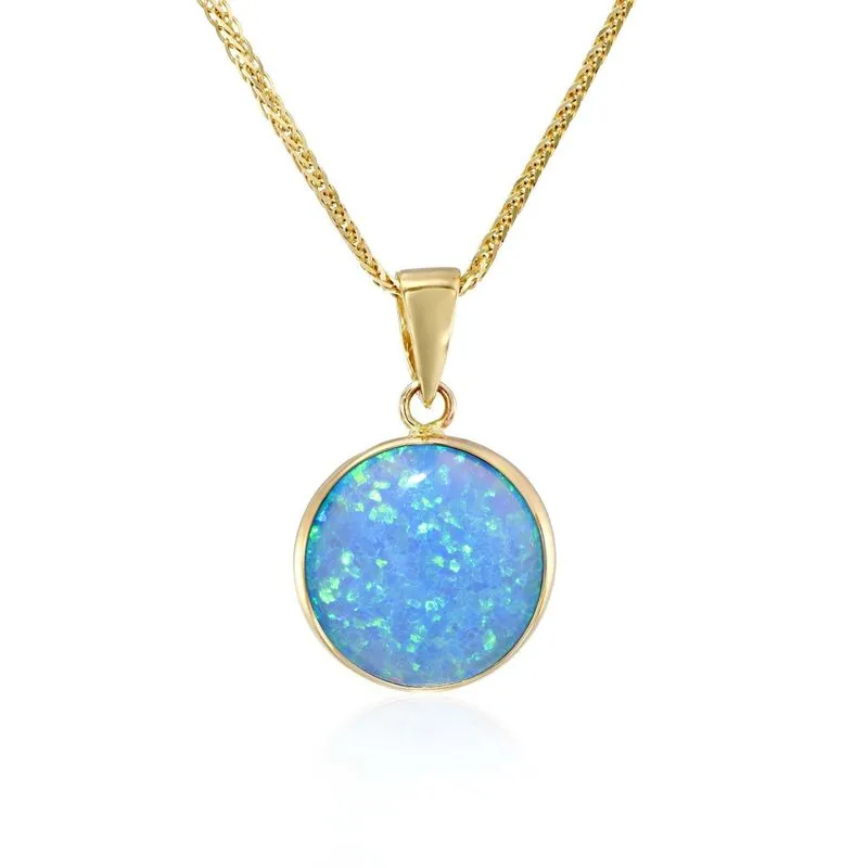 14K Yellow Gold Round Blue Opal 12mm Pendant