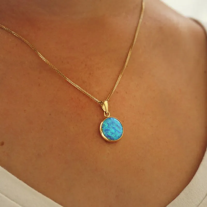 14K Yellow Gold Round Blue Opal 12mm Pendant