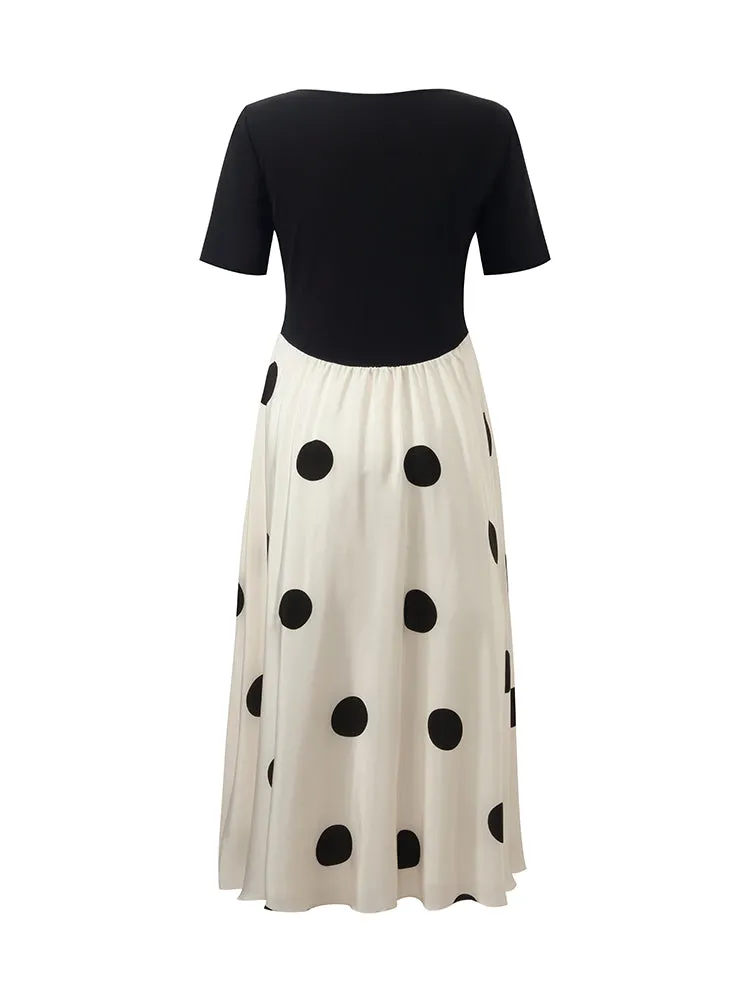 16 Momme Mulberry Silk Polka Dots Printed Patchwork Women Midi Dress With Scrunchie And 3D Rose Clip