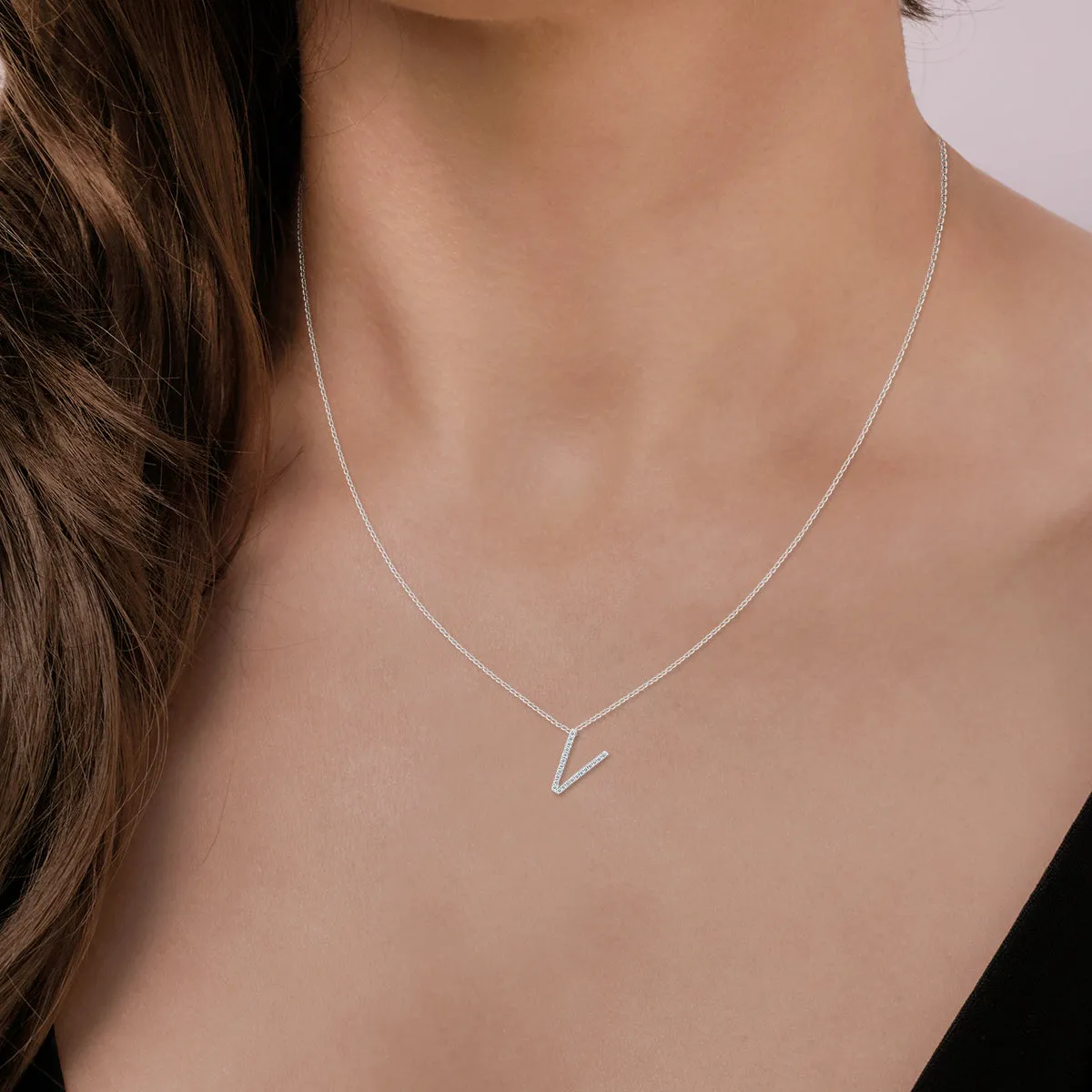 1/8 Carat Tw V Initial Diamond Pendant Necklace In 10K White Gold With Adjustable Chain