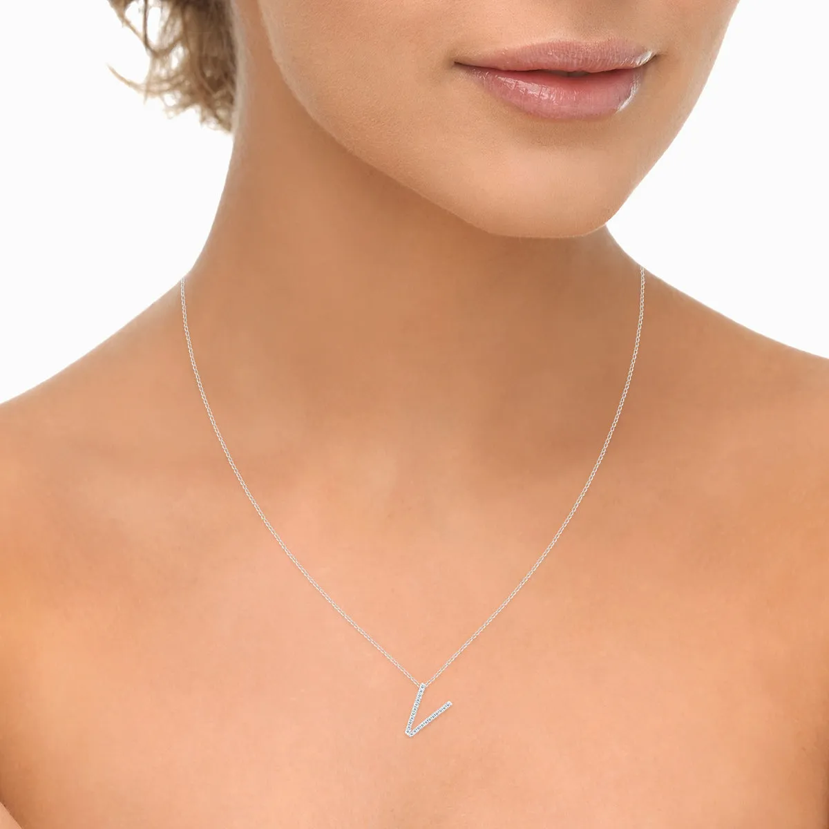 1/8 Carat Tw V Initial Diamond Pendant Necklace In 10K White Gold With Adjustable Chain