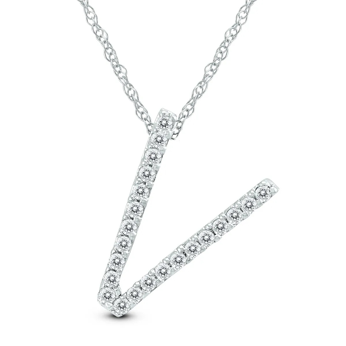 1/8 Carat Tw V Initial Diamond Pendant Necklace In 10K White Gold With Adjustable Chain