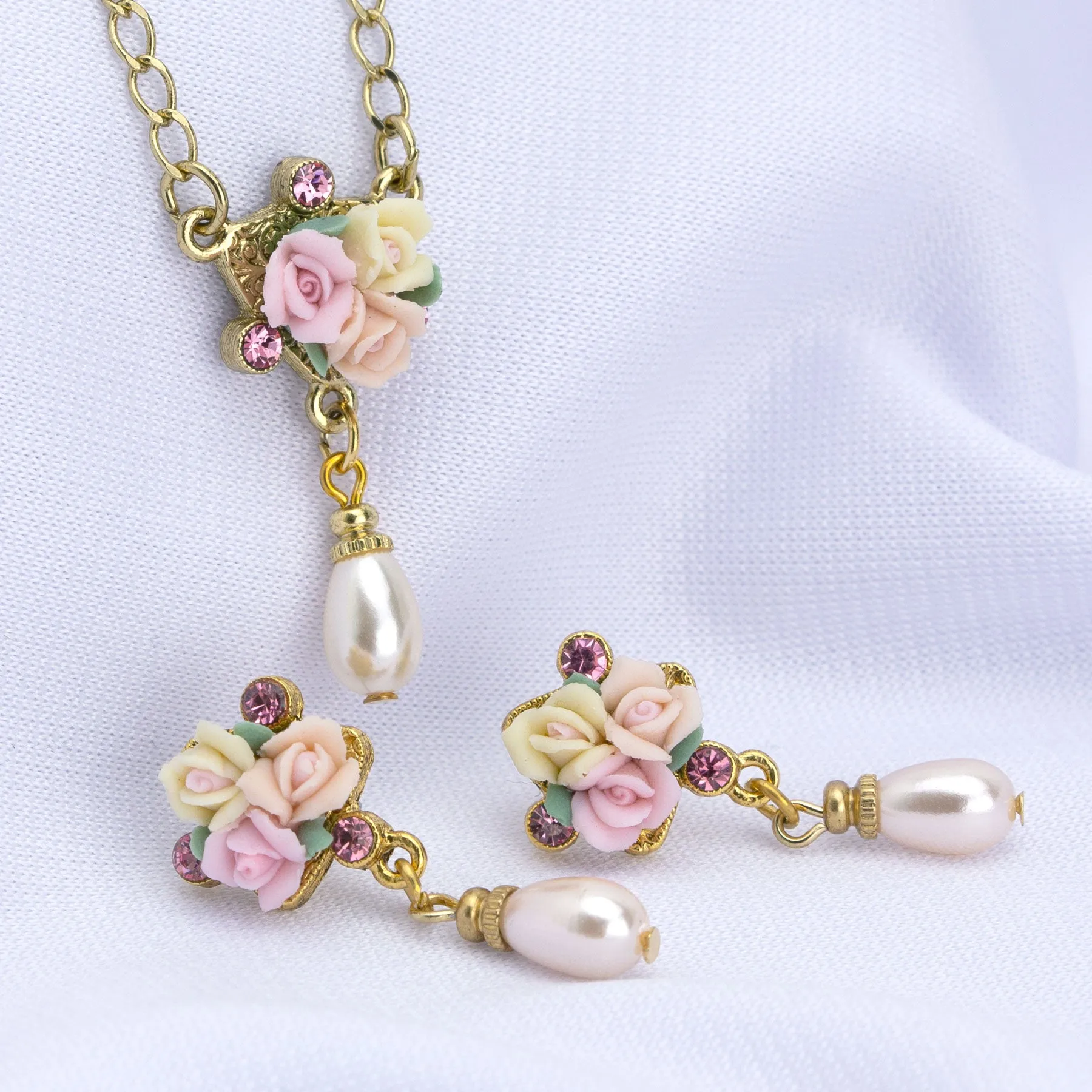 1928 Bridal Crystal Ivory And Pink Porcelain Rose Faux Pearl Necklace 16"   3" Extender