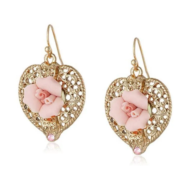 1928 Bridal Pink Crystal And Porcelain Rose Filigree Heart Earrings