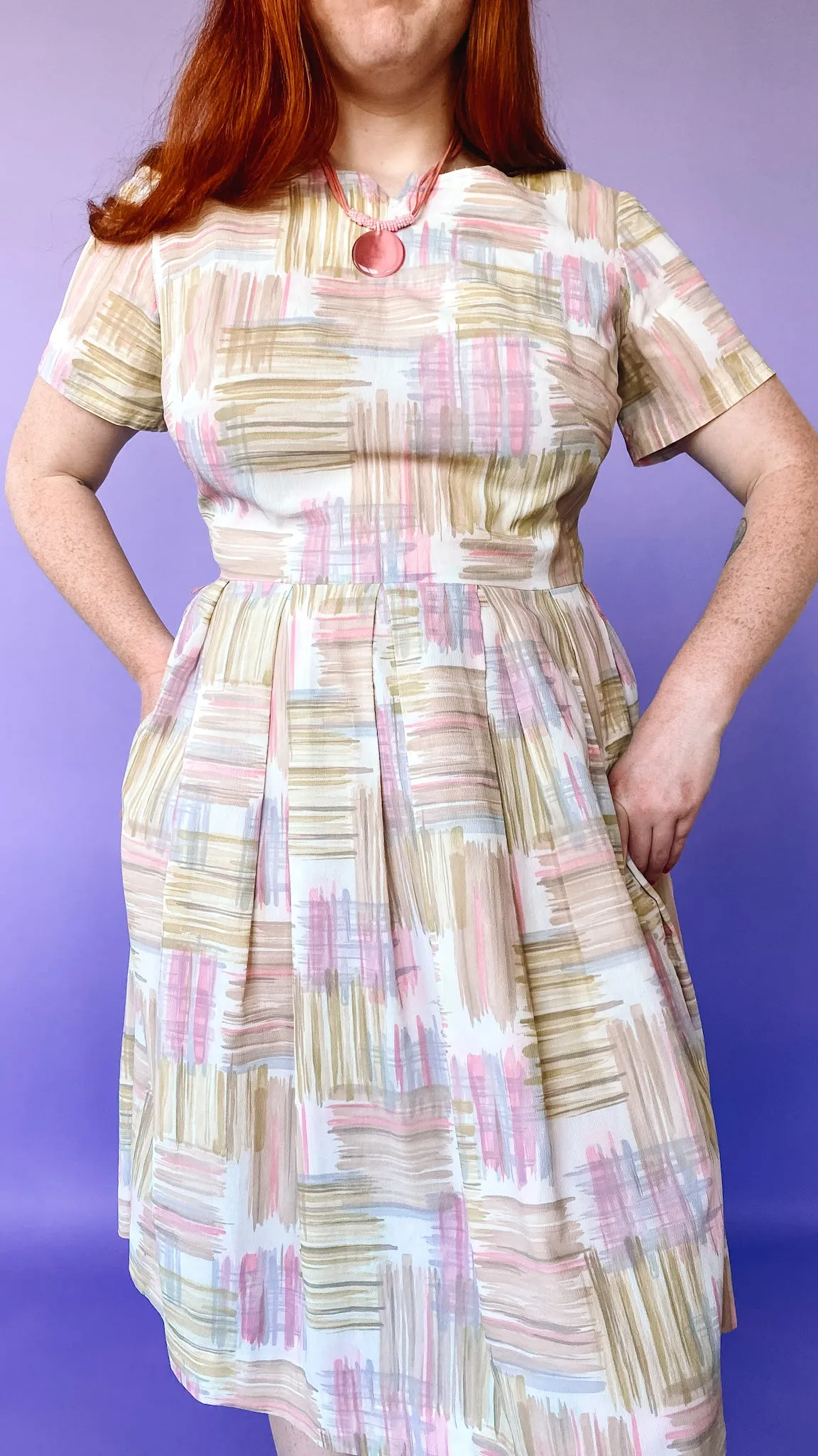 1950s Pink and Green Pleated Dress, sz. M