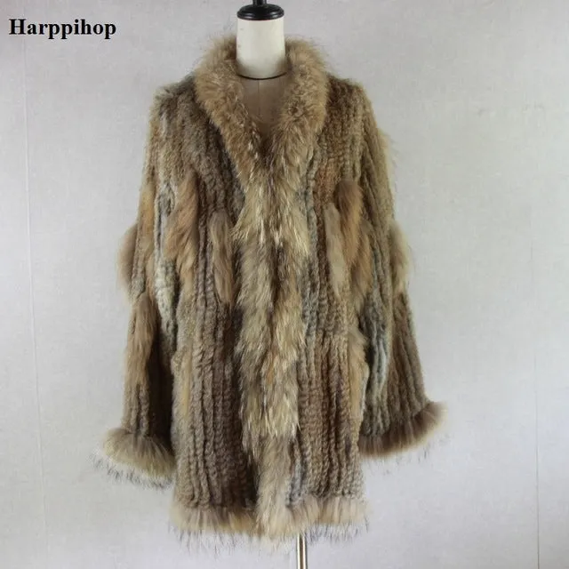 2018 Spain Russia USA Canada popular Women knitted real genuine real rabbit fur coat overcoat jackets garment  raccoon collar