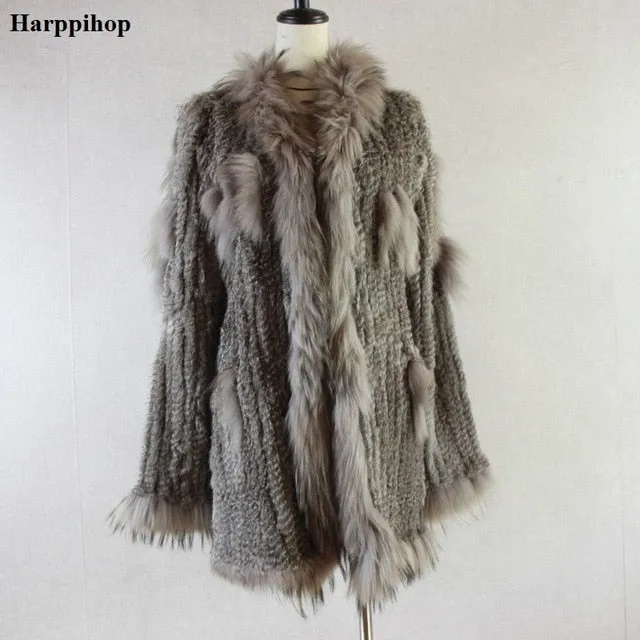 2018 Spain Russia USA Canada popular Women knitted real genuine real rabbit fur coat overcoat jackets garment  raccoon collar