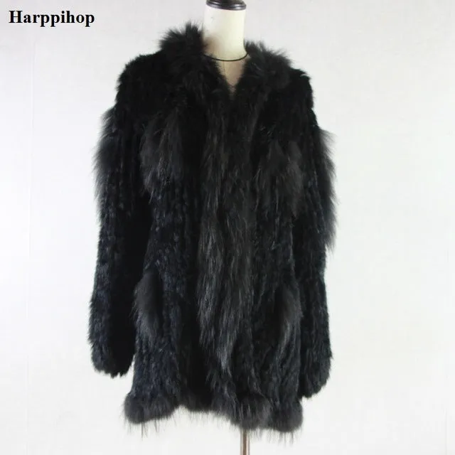 2018 Spain Russia USA Canada popular Women knitted real genuine real rabbit fur coat overcoat jackets garment  raccoon collar