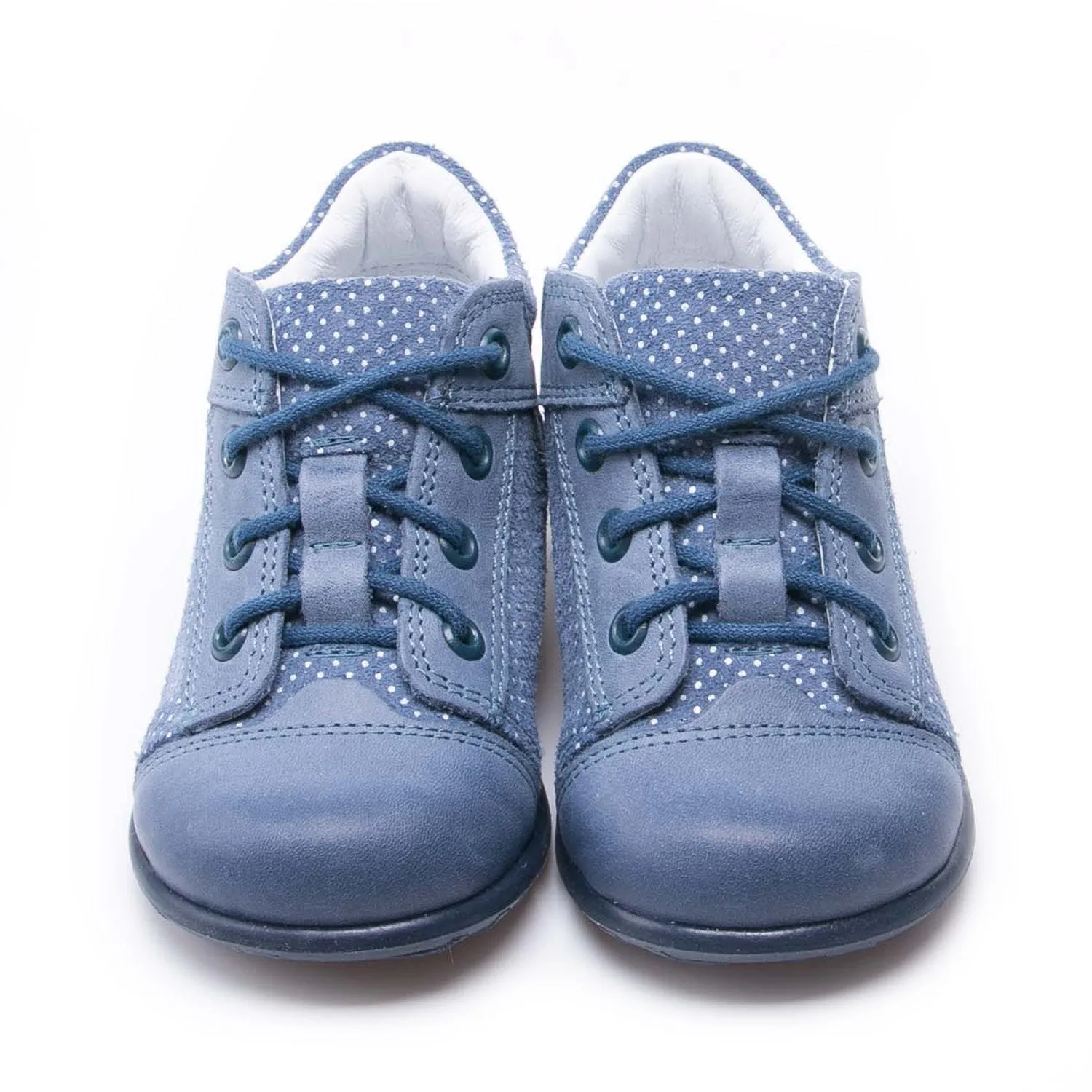 (2369B-10) Emel Lace Up First Shoes Blue polka dots