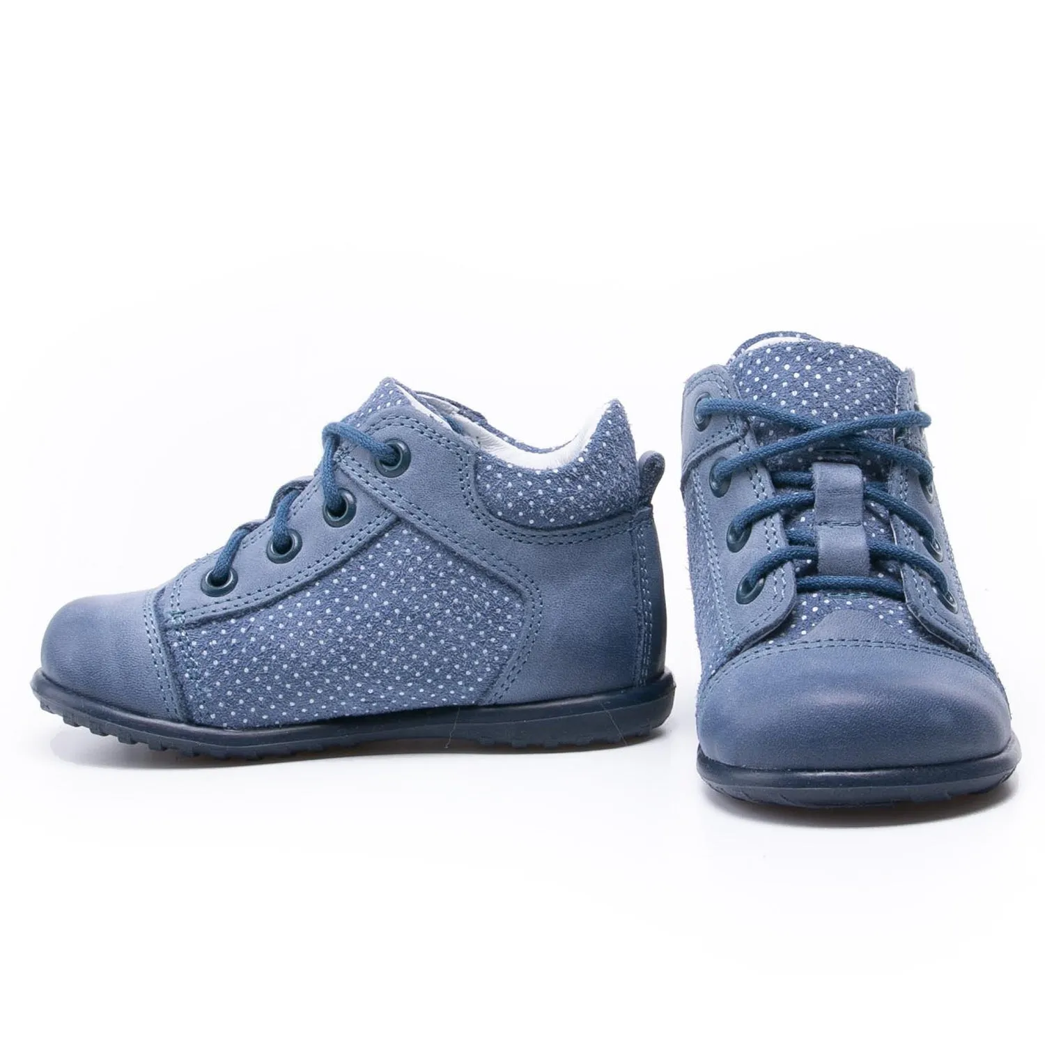 (2369B-10) Emel Lace Up First Shoes Blue polka dots