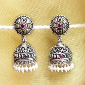 925 Silver Handcrafted Jhumki With Pink Center And Pearls