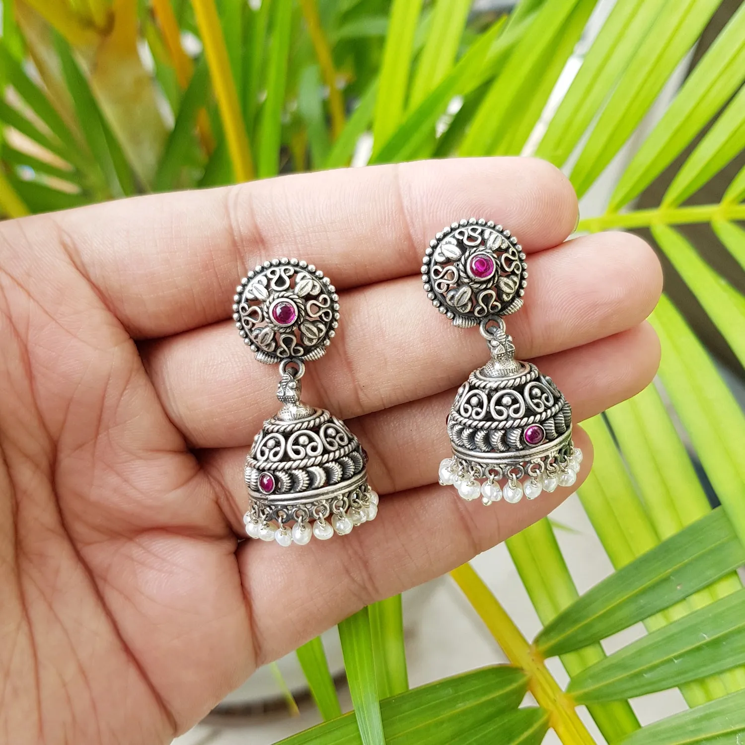 925 Silver Handcrafted Jhumki With Pink Center And Pearls