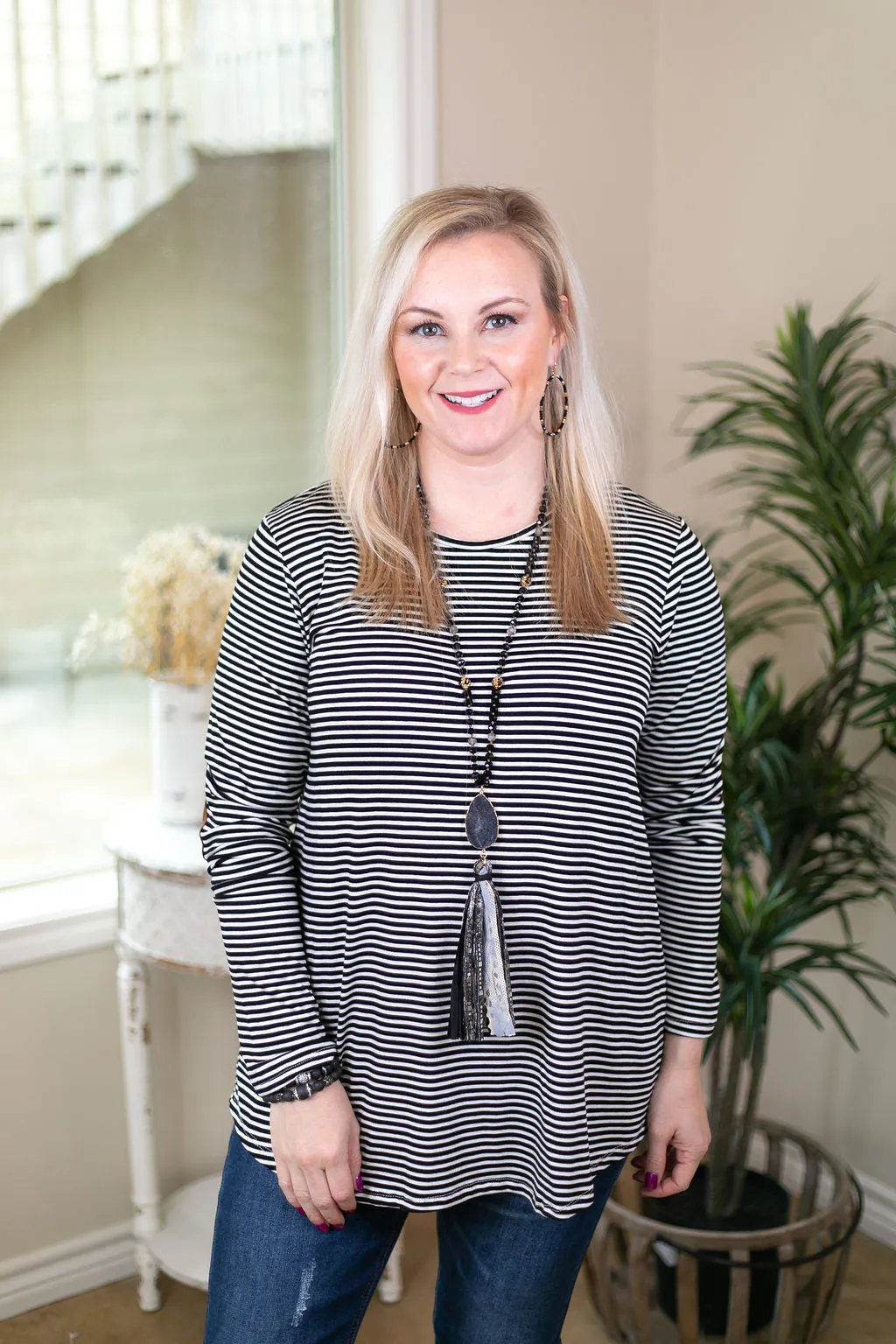 A Different Day Long Sleeve Striped Top with Suede Elbow Patches in Black and White