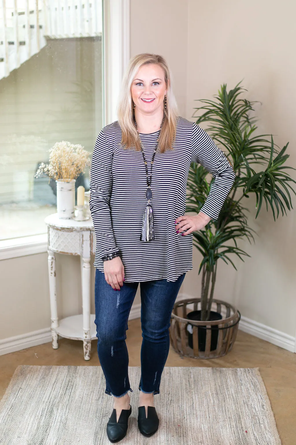 A Different Day Long Sleeve Striped Top with Suede Elbow Patches in Black and White