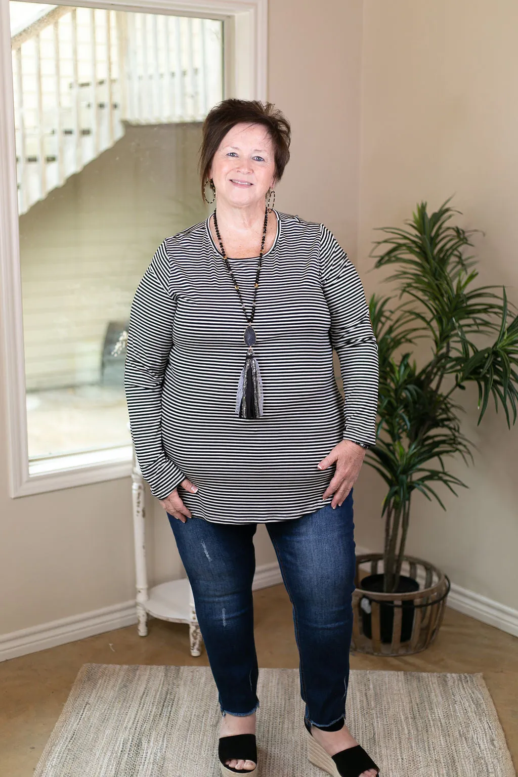 A Different Day Long Sleeve Striped Top with Suede Elbow Patches in Black and White