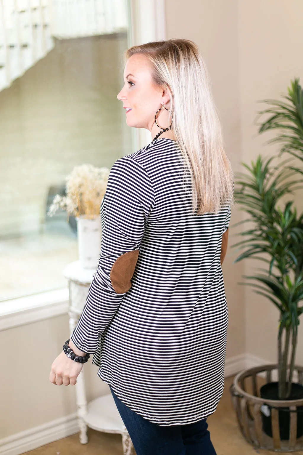 A Different Day Long Sleeve Striped Top with Suede Elbow Patches in Black and White