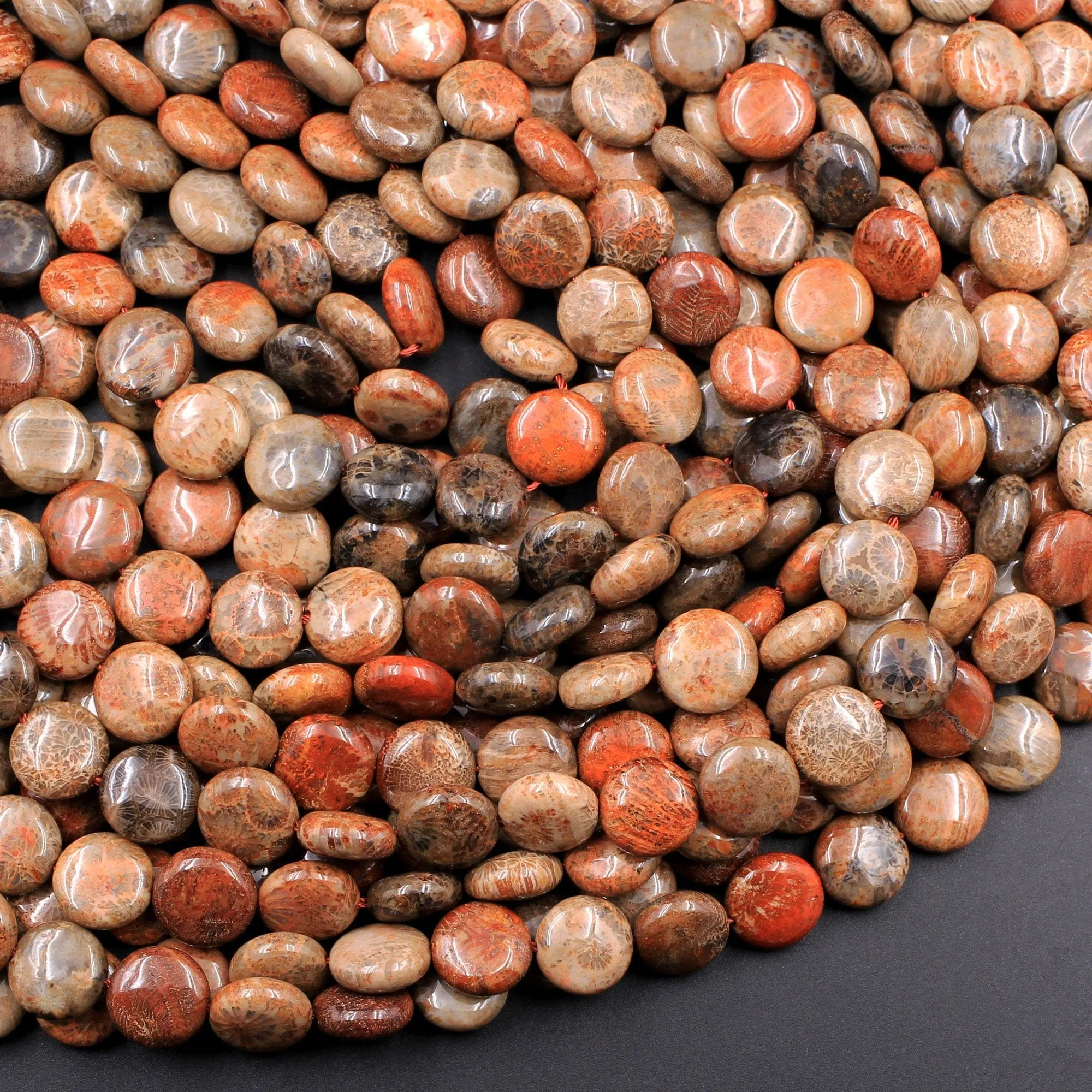 A Grade Natural Indonesian Fossil Coral Coin Beads 10mm Red Brown Tan Beige Beads 16" Strand