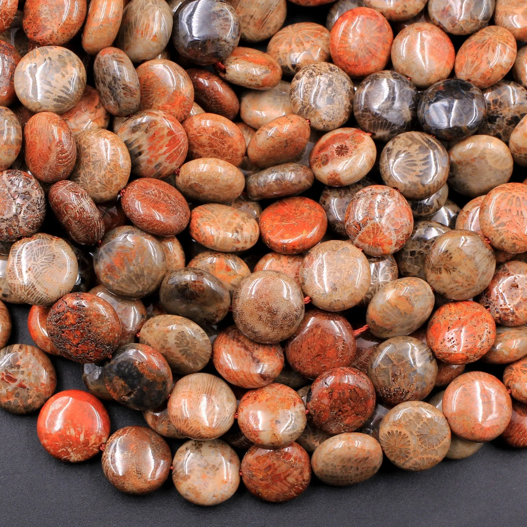 A Grade Natural Indonesian Fossil Coral Coin Beads 10mm Red Brown Tan Beige Beads 16" Strand