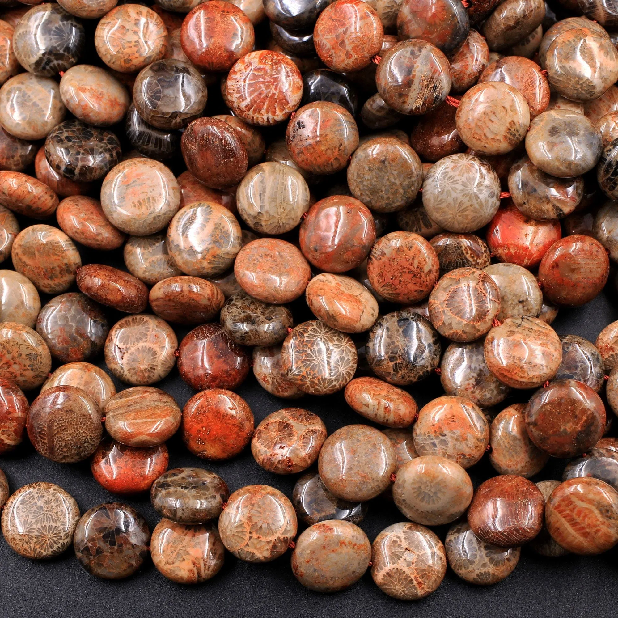 A Grade Natural Indonesian Fossil Coral Coin Beads 10mm Red Brown Tan Beige Beads 16" Strand