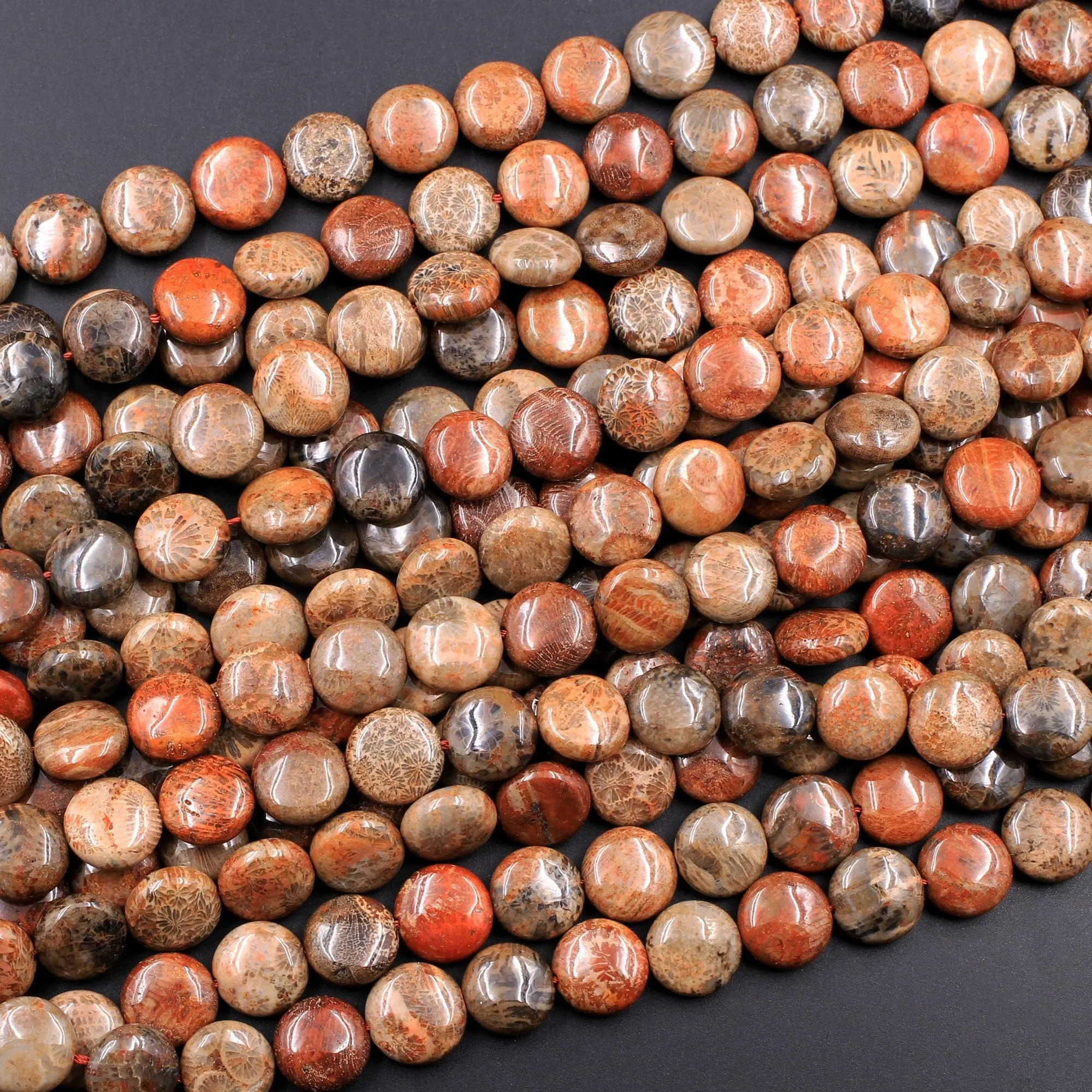 A Grade Natural Indonesian Fossil Coral Coin Beads 10mm Red Brown Tan Beige Beads 16" Strand