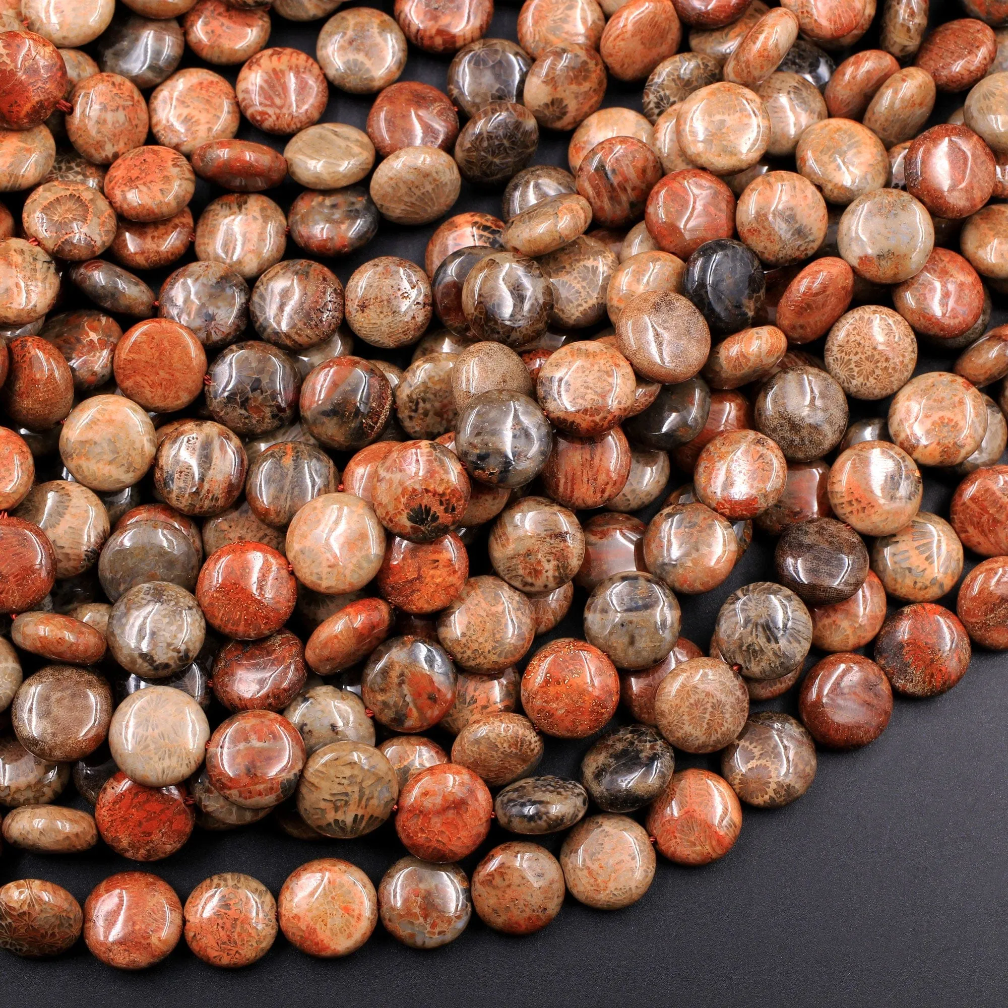 A Grade Natural Indonesian Fossil Coral Coin Beads 10mm Red Brown Tan Beige Beads 16" Strand