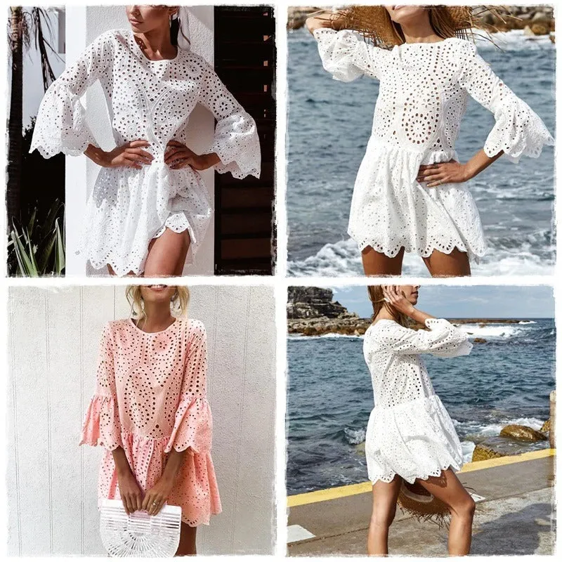 A-line Embroidery Elegant Hollow Out Flare Sleeve Cotton O-neck Boho Summer Dress