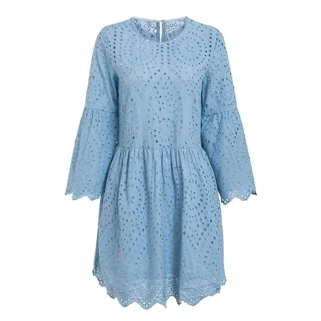 A-line Embroidery Elegant Hollow Out Flare Sleeve Cotton O-neck Boho Summer Dress