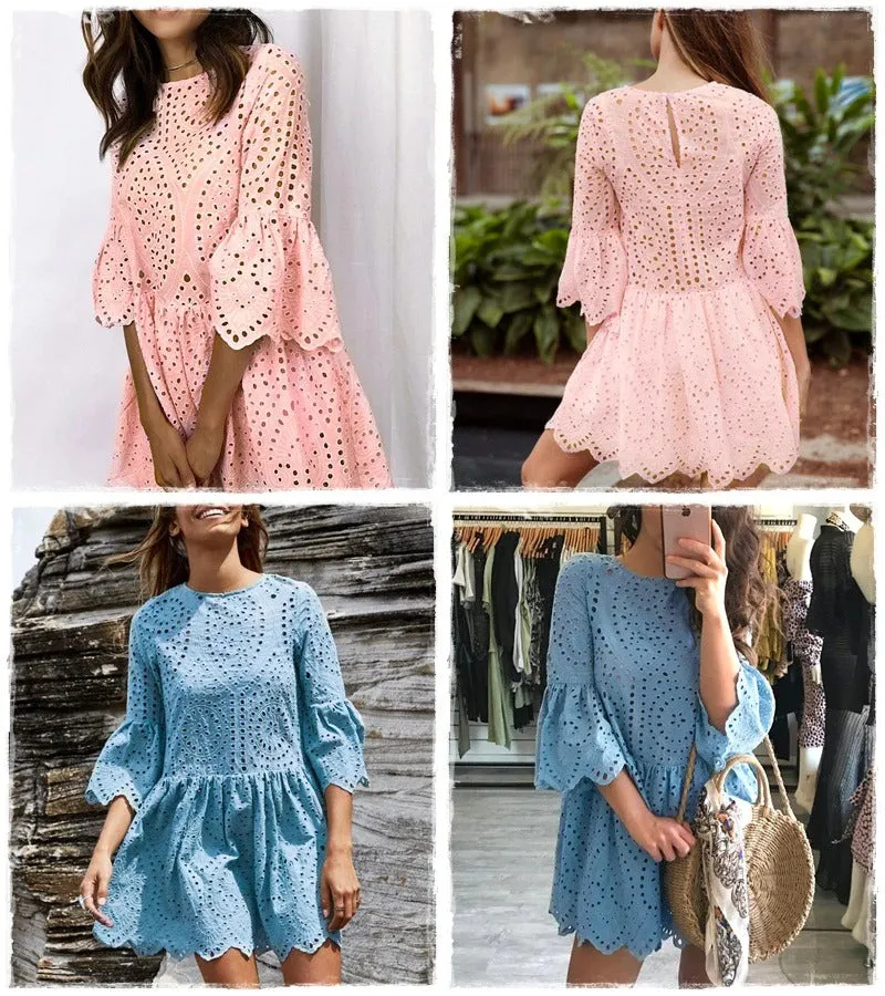 A-line Embroidery Elegant Hollow Out Flare Sleeve Cotton O-neck Boho Summer Dress