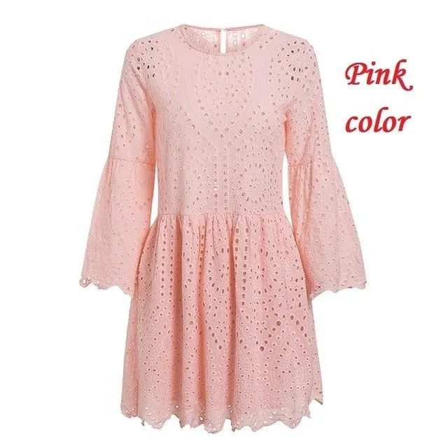 A-line Embroidery Elegant Hollow Out Flare Sleeve Cotton O-neck Boho Summer Dress