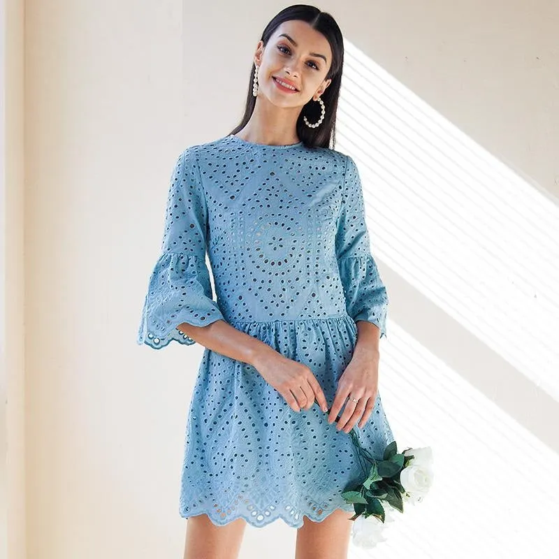 A-line Embroidery Elegant Hollow Out Flare Sleeve Cotton O-neck Boho Summer Dress