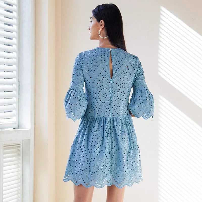 A-line Embroidery Elegant Hollow Out Flare Sleeve Cotton O-neck Boho Summer Dress