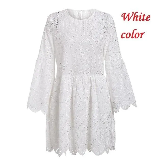 A-line Embroidery Elegant Hollow Out Flare Sleeve Cotton O-neck Boho Summer Dress