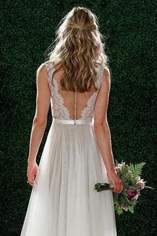 A Line Floor Length V Neck Sleeveless Tulle Beach Wedding Dress with Lace