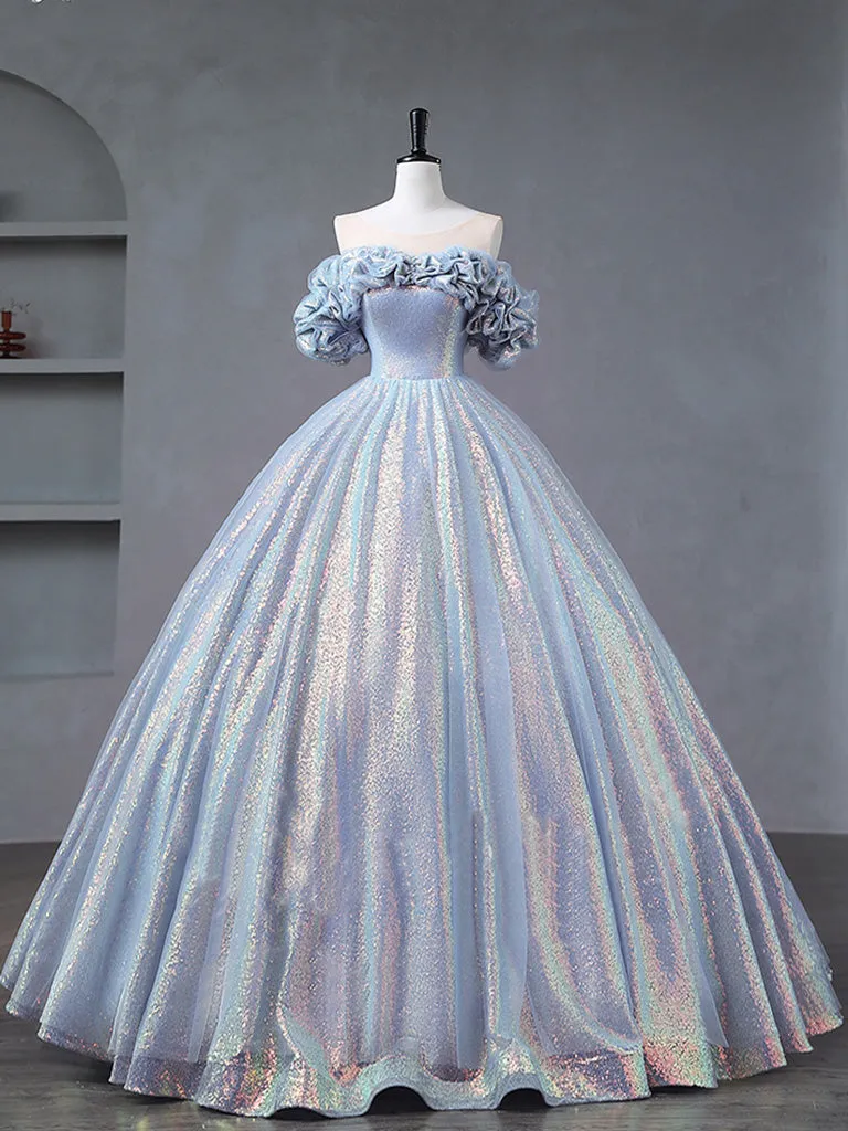 A-Line Off Shoulder Tulle Sequin Blue Purple Long Prom Dress, Sequin Formal Dress