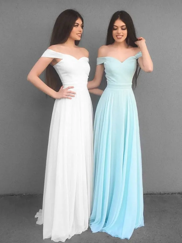 A Line Off Shoulder White/Blue Chiffon Long Prom, Off Shoulder White/Blue Bridesmaid, Graduation