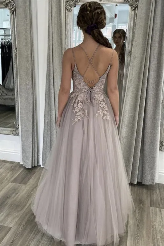 A Line Open Back Thin Strap Gray Lace Long Prom, Gray Lace Floral Formal Evening