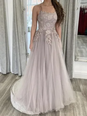 A Line Open Back Thin Strap Gray Lace Long Prom, Gray Lace Floral Formal Evening