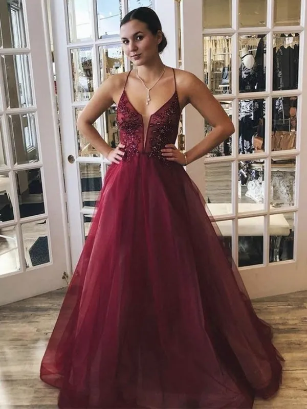 A Line Spaghetti Straps V Neck Beaded Burgundy Long Prom, V Neck Burgundy Formal Graduation Evening