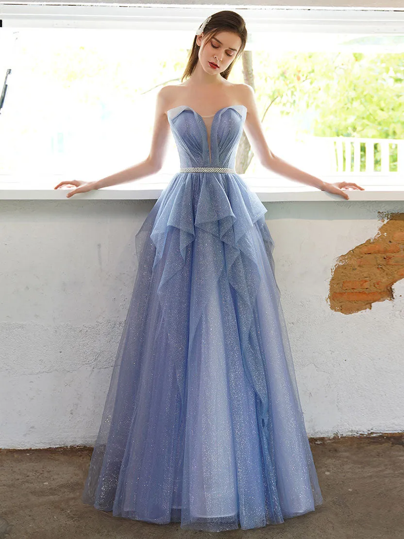 A-line Tulle Sequin Long Prom Dress, Tulle Sequin Long Evening Dress