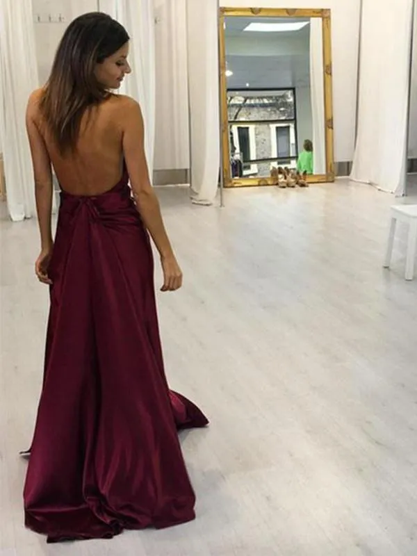 A Line V Neck Backless Maroon/Burgundy Long Prom Dress with Slit, Maroon/Burgundy Formal Dress