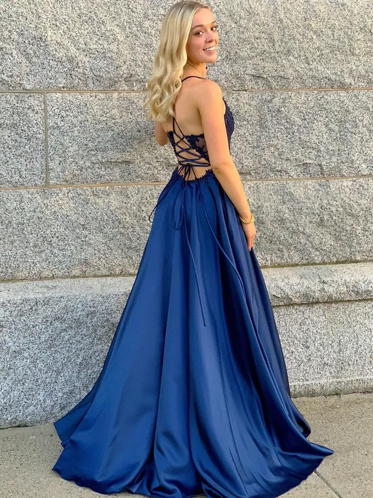 A Line V Neck Blue Lace Beaded Long Prom Dresses, Blue Lace Formal Evening Dresses