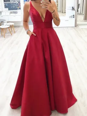 A Line V Neck Burgundy Long Prom Dresses, V Neck Burgundy Long Formal Evening Dresses