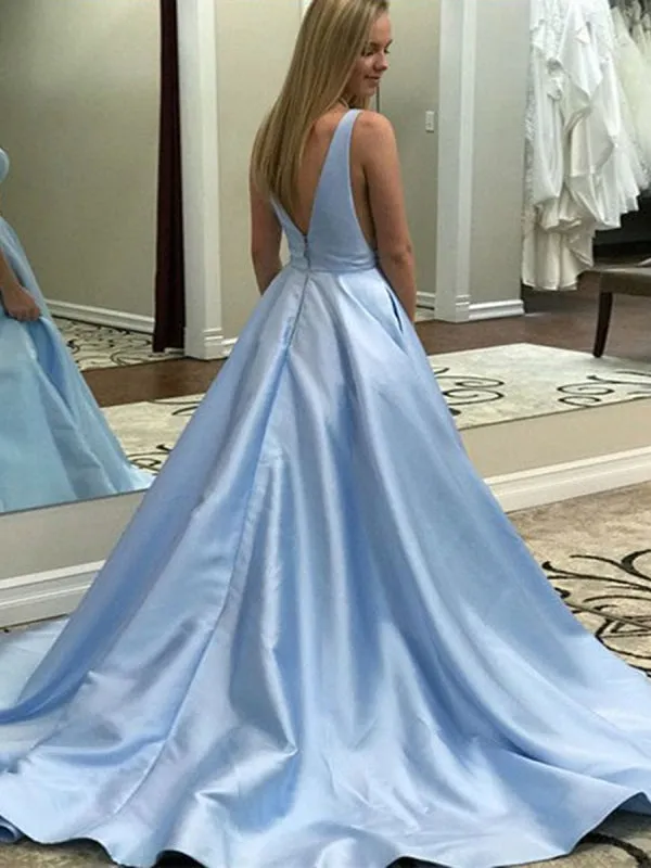 A Line V Neck Light Blue Satin Long Prom with Pocket, V Neck Light Blue Formal Graduation Evening