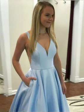 A Line V Neck Light Blue Satin Long Prom with Pocket, V Neck Light Blue Formal Graduation Evening