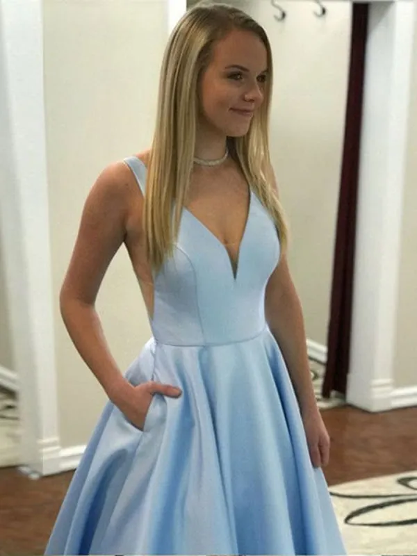 A Line V Neck Light Blue Satin Long Prom with Pocket, V Neck Light Blue Formal Graduation Evening