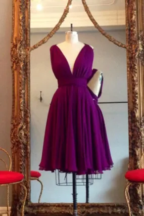 A Line V Neck Purple Sleeveless Chiffon Bridesmaid Dress Knee Length Homecoming Dresses